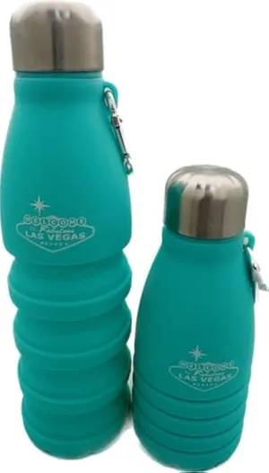 Rubies Las Vegas Collapsible Silicone Water Bottle 16oz with Carabiner - Vegas Sign Engraved - BPA Free - Variety of Colors (Aqua)