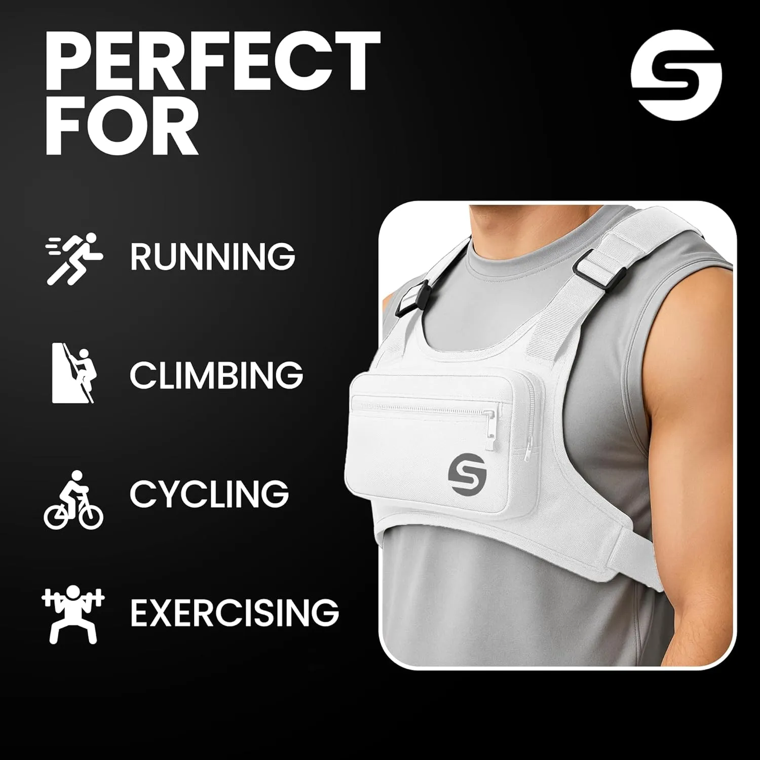 Running Chest Bag for Men Women with Collapsible Water Bottle, Water-Resistant Adjustable Chest Pack with Reflective Back for Cycling, Hiking, Workouts, with Phone Holder and Extra Storage (White)