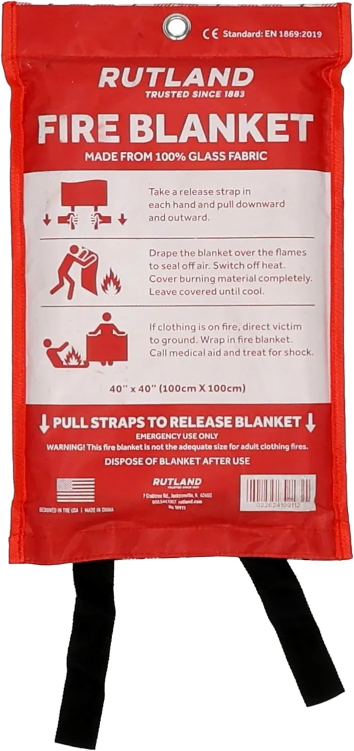Rutland Fire Blanket for Home and Kitchen Emergency - 2 Pack, 40" x 40" - Fiberglass Fire Suppression Blanket Safety for Grilling, Camping and Boats