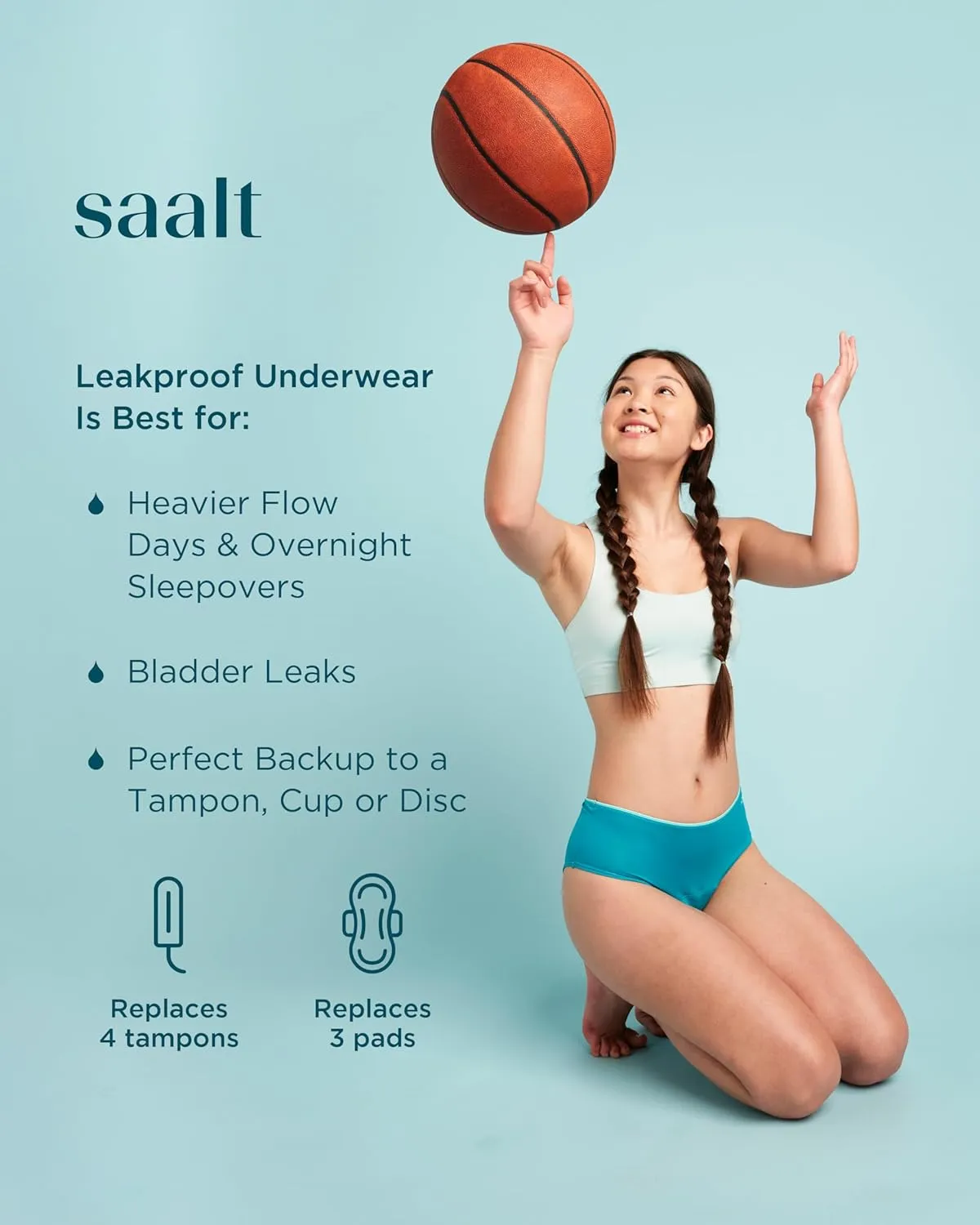 saalt Teen Brief Period Underwear - Leakproof Menstrual Underwear for Teen Girls - Full-Coverage Comfort