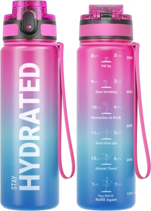 Sahara Sailor Water Bottle 32oz, Durable and Leakproof Water Bottles Motivational with Time Marker, Tritan, BPA Free, Wide Mouth with Easy Clean Brush for Gym, Travel, Home, School, Office (1 Bottle)