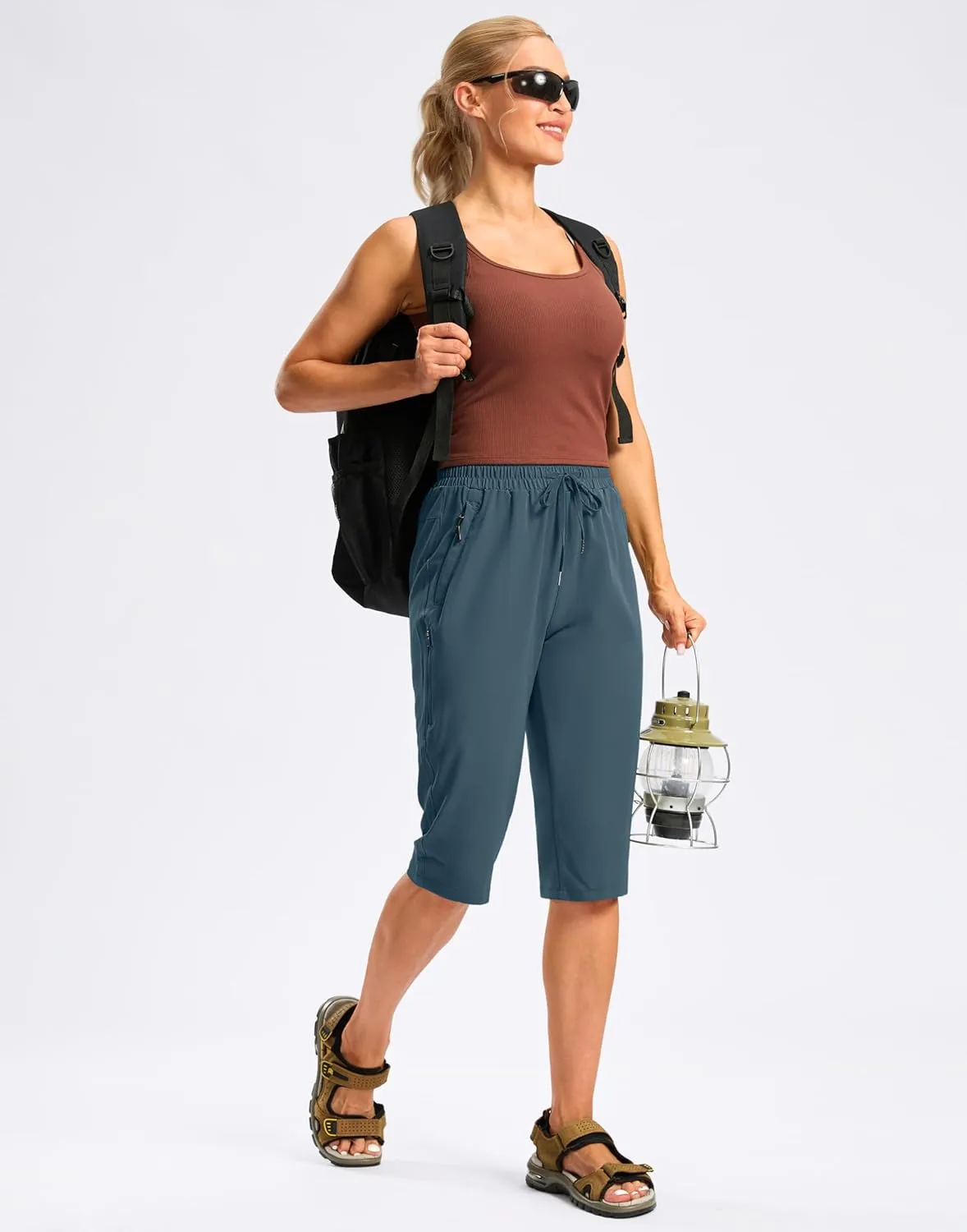 SANTINY Women's 15" Long Shorts with Pockets Below The Knee Length Hiking Cargo Capris Lightweight Quick Dry Bermuda Shorts