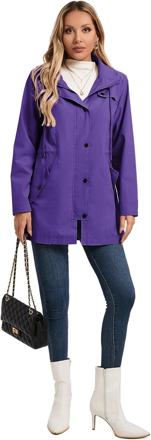 SaphiRose Women's Long Rain Jacket Waterproof Rain Coat with Hood Outdoor Light Raincoats Windbreaker