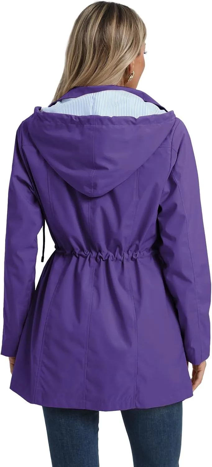 SaphiRose Women's Long Rain Jacket Waterproof Rain Coat with Hood Outdoor Light Raincoats Windbreaker