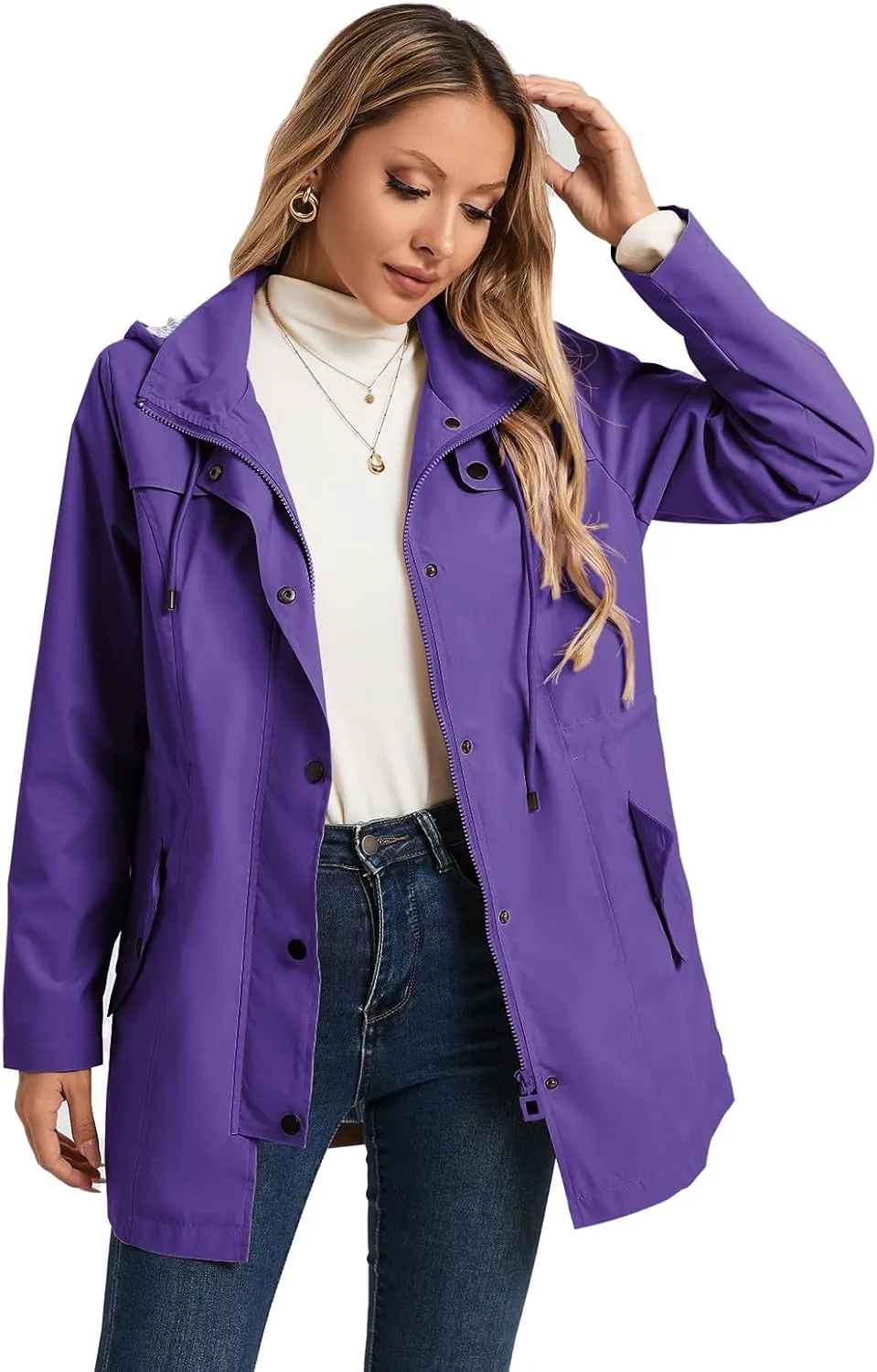 SaphiRose Women's Long Rain Jacket Waterproof Rain Coat with Hood Outdoor Light Raincoats Windbreaker