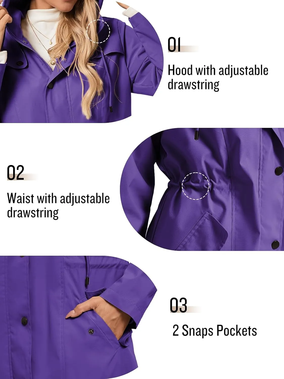 SaphiRose Women's Long Rain Jacket Waterproof Rain Coat with Hood Outdoor Light Raincoats Windbreaker
