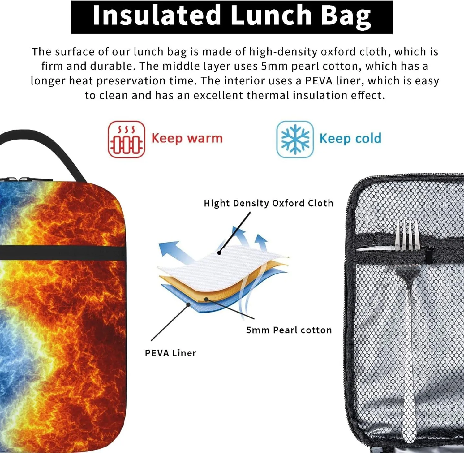 SARA NELL Cool Fire and Ice Abstract Fractal Lightning Insulated Lunch Bag Fire and Ice Lunch Cooler Box for Women Men Teens Kids, Reusable Lunch Tote Bag for Work, Picnic, School or Travel