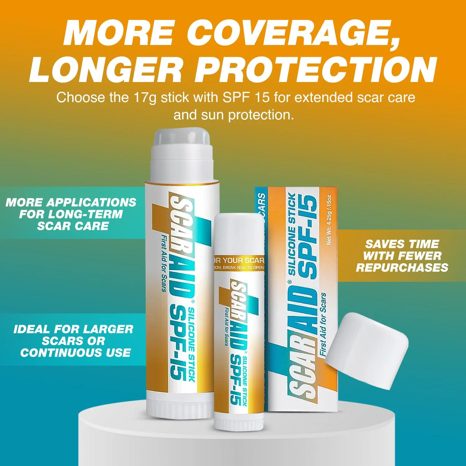 ScarAid SPF-15 Silicone Scar Gel Stick 4.25g – Mess-Free Scar Treatment with Sun Protection - Helps Improve the Look of Old & New Surgery, Injury & Acne Scars – Non-Toxic & Gentle on All Skin Types