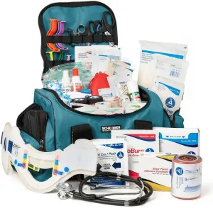 Scherber First Responder Fully-Stocked Large Professional Essentials EMT/EMS Trauma Kit | HSA/FSA Approved | Reflective Bag w/8 Zippered Pockets & Compartments & 250 First Aid Supplies (Blue)