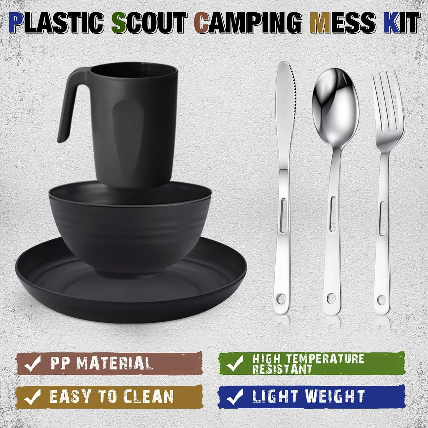 Scout Camping Mess Kit for 1 Person Boy Scout Dishes Set Girl Scout Mess Kit with Mesh Bag Reusable Light Weight Eating Utensils Plastic Camping Cutlery Set for Travel Camp