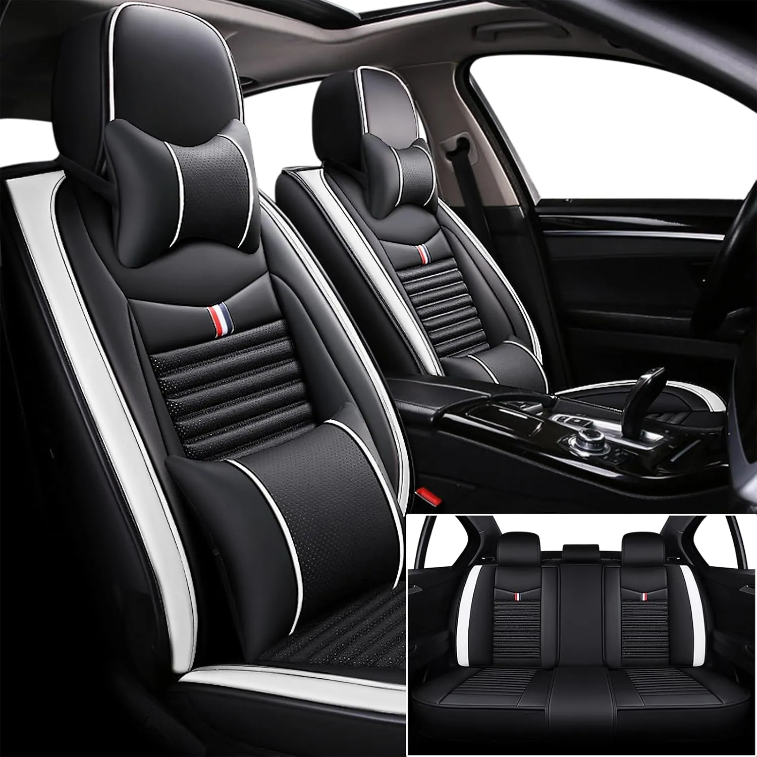 Seat Covers Fit for Nissan Kicks 2018-2024,5 Seats Custom Fit Leather Cover Protector Cushion,Automotive Vehicle Auto Interior Covers(Black White,Premium Full Set with Pillow)