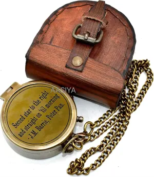 Second Star to The Right and Straight ON 'Til Morning Quote - J.M.Barrie,Peter Pan. Brass Antique Pocket Compass with Leather Case Campion Compass Hiking Compass Birthday Gift Graduation Day Gift
