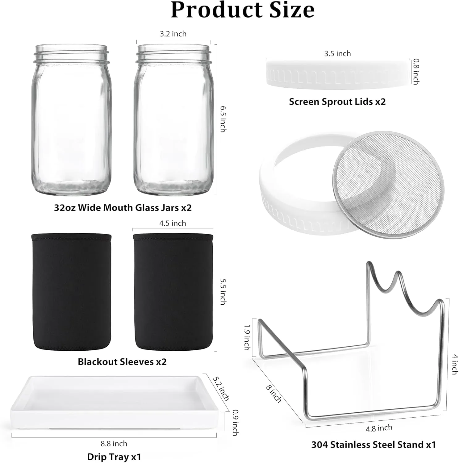 Seed Sprouting Kit, 2 Large Wide Mouth Mason Jars with Sprout Lids, Blackout Sleeves, Drain Tray, Stainless Steel Stand, Sprouts Growing Kit for Bean, Broccoli, Alfalfa (White)