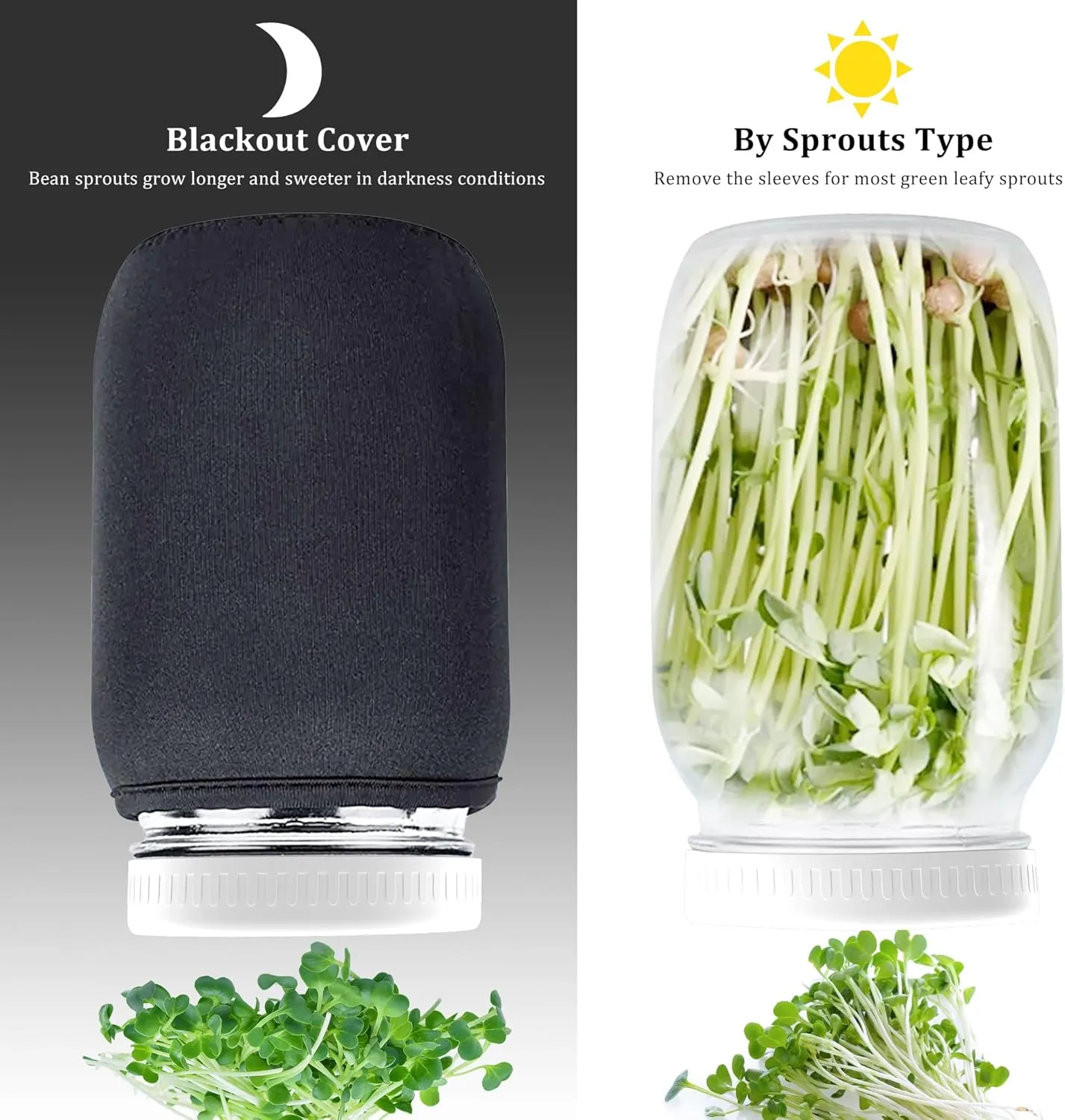 Seed Sprouting Kit, 2 Large Wide Mouth Mason Jars with Sprout Lids, Blackout Sleeves, Drain Tray, Stainless Steel Stand, Sprouts Growing Kit for Bean, Broccoli, Alfalfa (White)