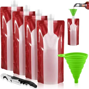 SENAI 4-Pack Foldable Flask Holder, Reusable 750ml Plastic Pouch, Portable Leak-Proof, Perfect for Liquor, Travel, Gift - Red