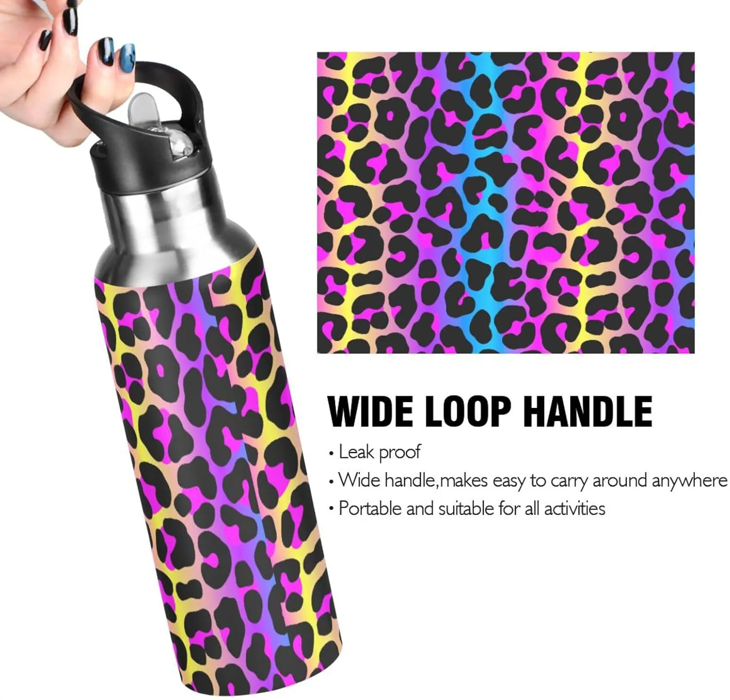 senya 20 Oz Water Bottle with Straw Leopard Print Cheetah Neon Gradient Stainless Steel Water Bottle for Traveling Sports Leakproof Insulated