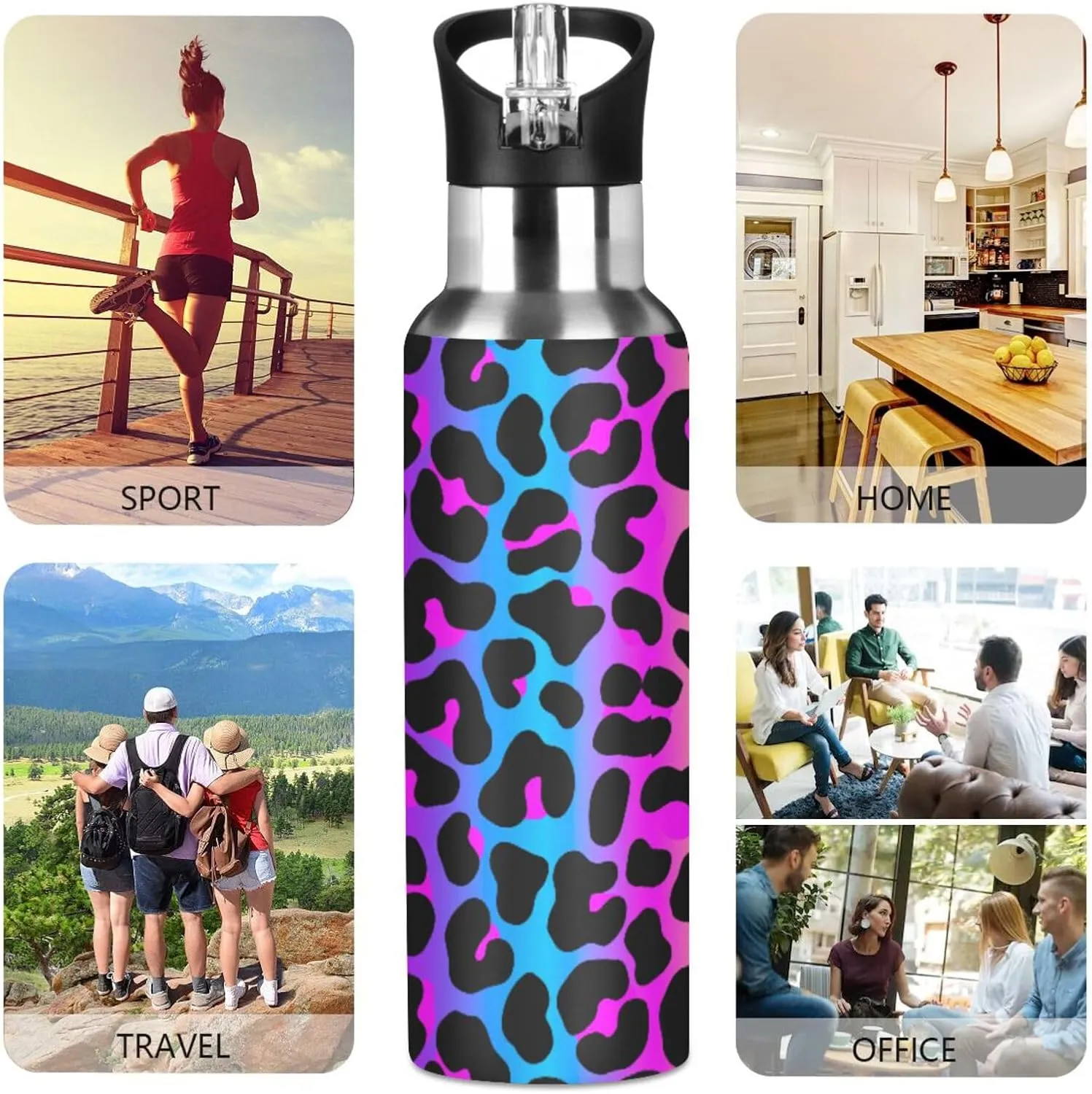 senya 20 Oz Water Bottle with Straw Leopard Print Cheetah Neon Gradient Stainless Steel Water Bottle for Traveling Sports Leakproof Insulated
