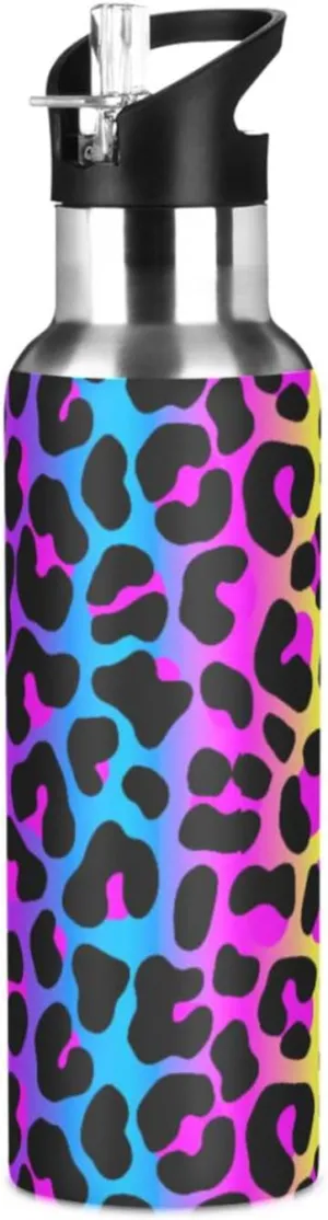 senya 20 Oz Water Bottle with Straw Leopard Print Cheetah Neon Gradient Stainless Steel Water Bottle for Traveling Sports Leakproof Insulated
