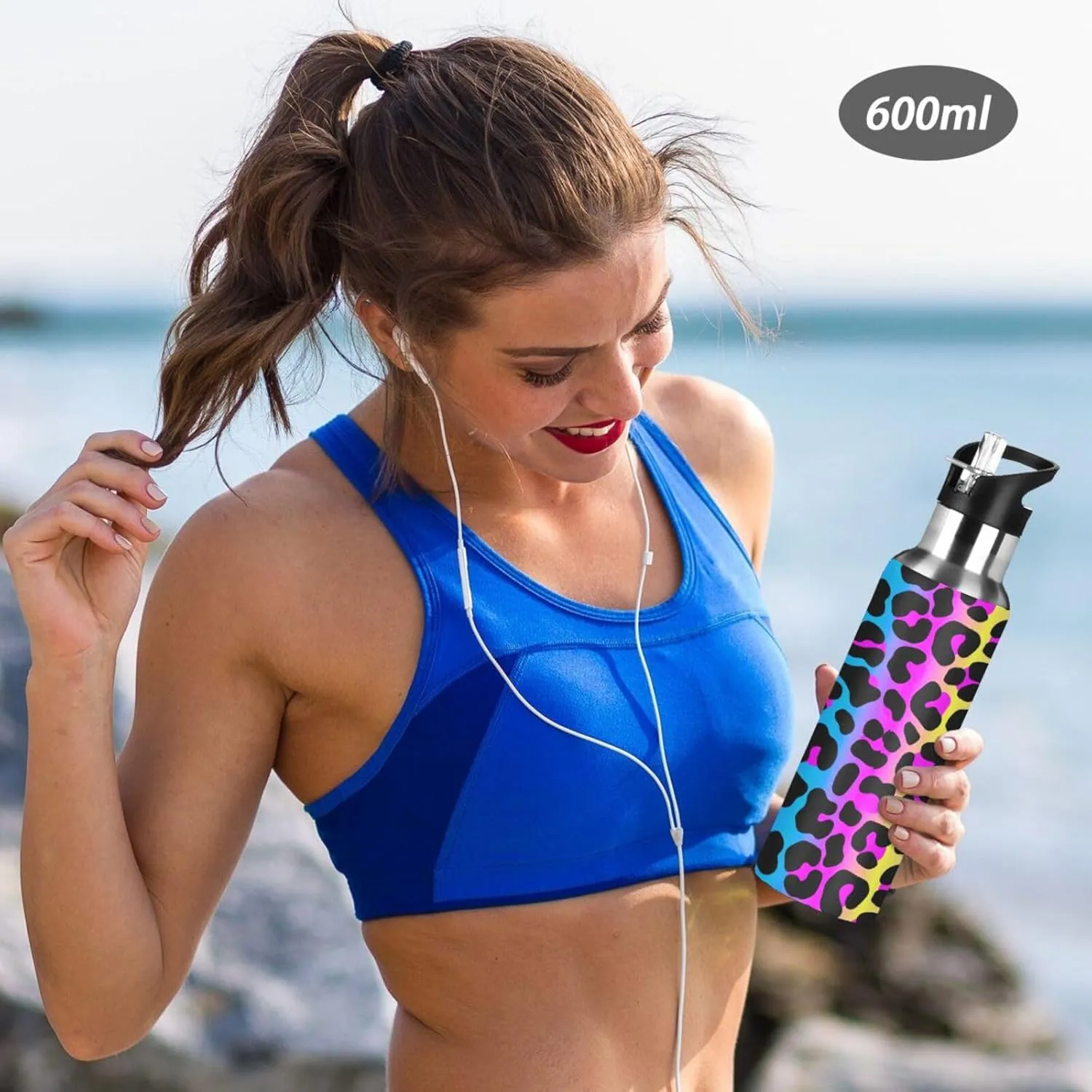 senya 20 Oz Water Bottle with Straw Leopard Print Cheetah Neon Gradient Stainless Steel Water Bottle for Traveling Sports Leakproof Insulated