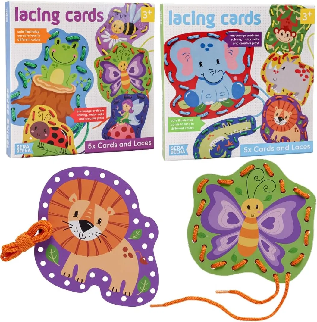 Serabeena Fairy & Safari Lacing Cards for Kids Ages 3-5 Plus - Colorful Lace Up Sewing Cards - Fun Activity That Helps Develop Hand-Eye Coordination & Fine Motor Skills - 10 Animal Boards with Laces