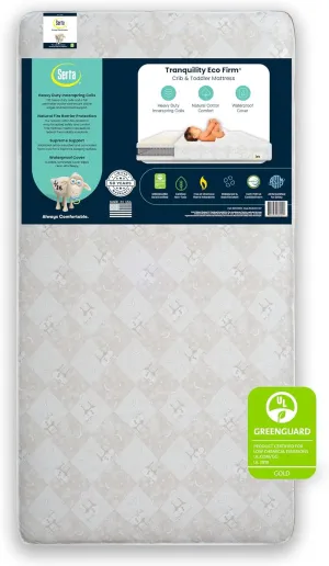 Serta Tranquility Eco Firm 2-Stage Baby Crib and Toddler Mattress - Waterproof Standard Baby Crib & Toddler Mattress - GREENGUARD Gold Certified- 52" L X 27.5" W (50 Year Warranty)