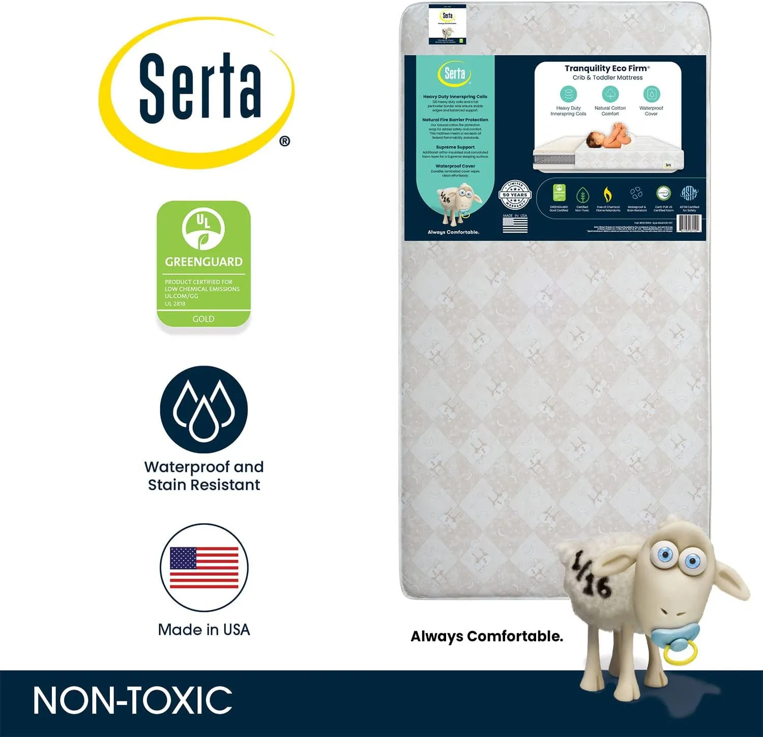 Serta Tranquility Eco Firm 2-Stage Baby Crib and Toddler Mattress - Waterproof Standard Baby Crib & Toddler Mattress - GREENGUARD Gold Certified- 52" L X 27.5" W (50 Year Warranty)