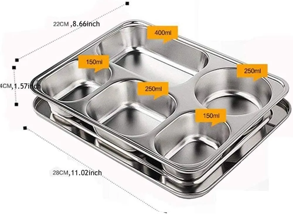 Set of 2 Stainless Steel Rectangular Divided Plates Tray 5 Sections Dinner Plates for Adults - Unbreakable Metal Plate for Campers, and Portion Control Reusable Plate