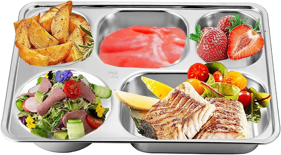 Set of 2 Stainless Steel Rectangular Divided Plates Tray 5 Sections Dinner Plates for Adults - Unbreakable Metal Plate for Campers, and Portion Control Reusable Plate