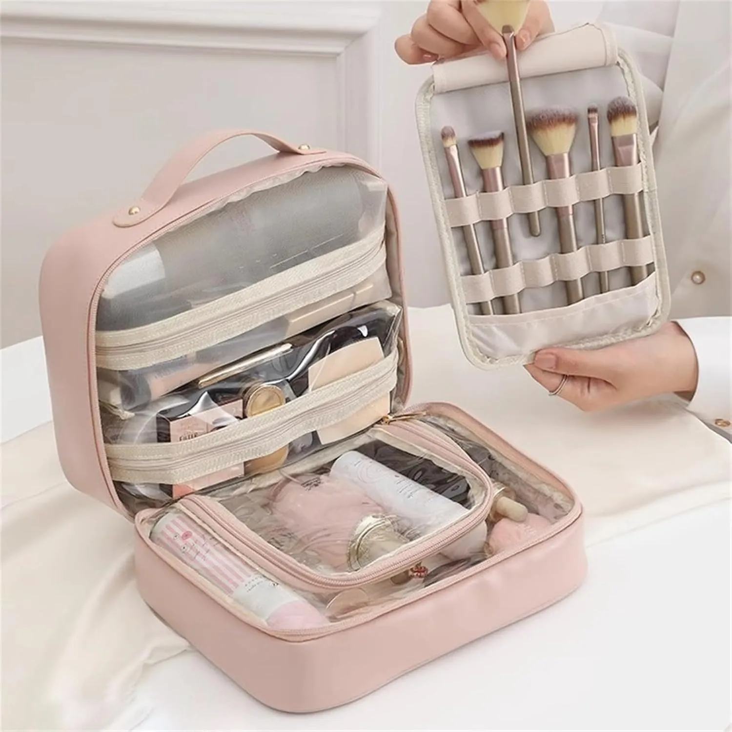 SetPatient Multi-Compartment Toiletry Cosmetics Bag, Obviously Large Capacity Makeup Bag with Compartments for Travel, Makeup Bag Organizer for Women Girls with Handle (Beige)