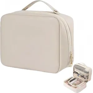 SetPatient Multi-Compartment Toiletry Cosmetics Bag, Obviously Large Capacity Makeup Bag with Compartments for Travel, Makeup Bag Organizer for Women Girls with Handle (Beige)