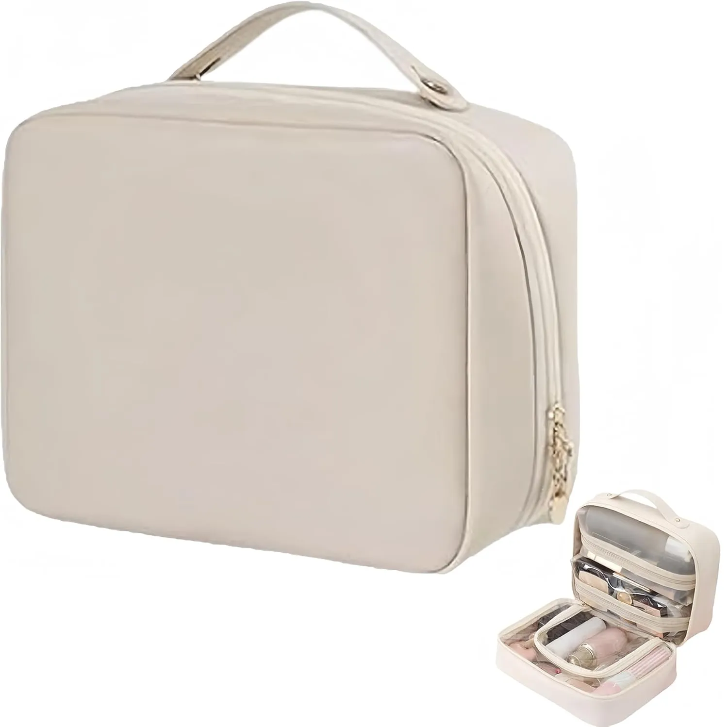 SetPatient Multi-Compartment Toiletry Cosmetics Bag, Obviously Large Capacity Makeup Bag with Compartments for Travel, Makeup Bag Organizer for Women Girls with Handle (Beige)