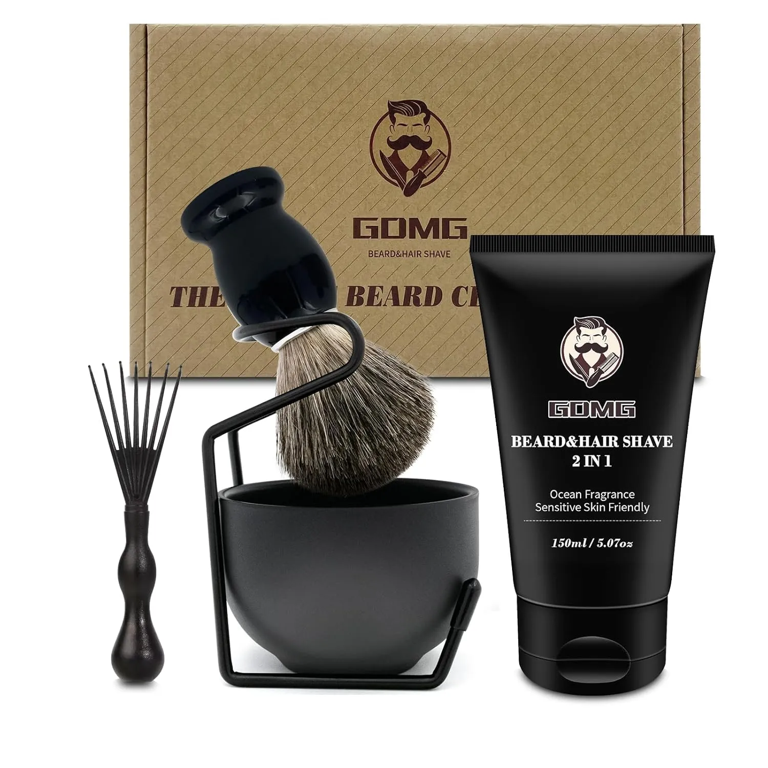 Shaving Kit for Wet Shave, 5 in 1 Shaving Brush Set, Includes Badger Hair Shave Brush, Shaving Bowl & Stand and Shaving Cream, Best Gift for Bearded Man, Deluxe Black