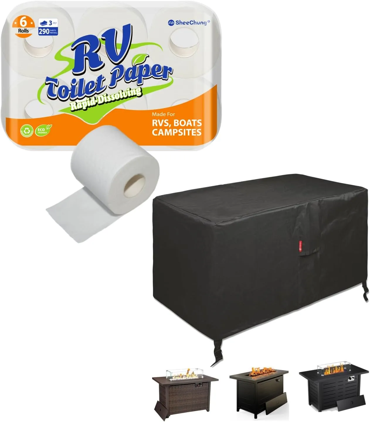 SheeChung RV Toilet Paper - 6 Rolls, Rapid Dissolve, Septic Safe, Travel Toilet Tissue and Rectangular Fire Pit Cover Fits 40-44 Inch Fire Table-Waterproof Anti-UV 600D Heavy Duty Outdoor Cover