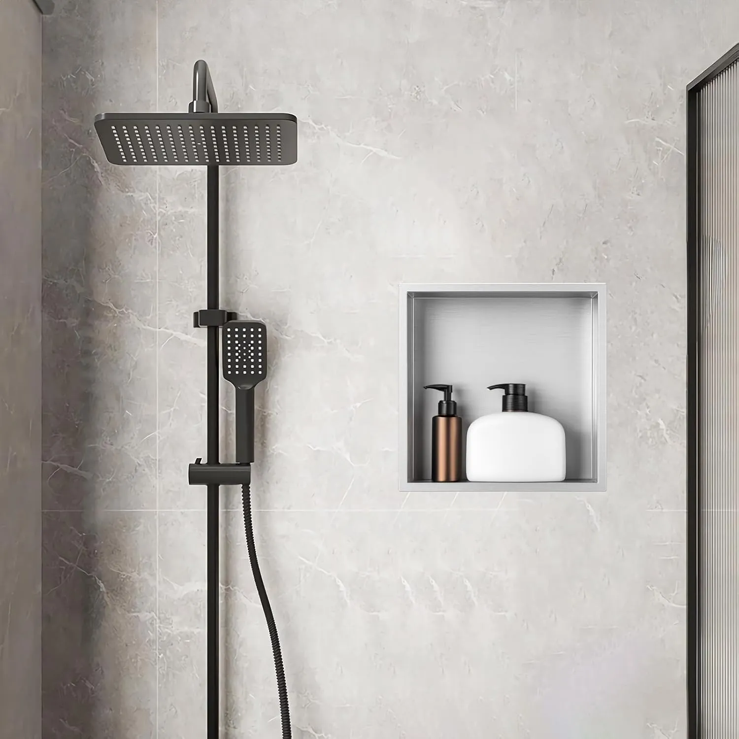 Shower Niche, Stainless Steel Modern Bathroom Niche, No Tile Needed Recessed Shower Shelf Organizer for Storage, Stainless Steel, Silver Grey, 12"×12"
