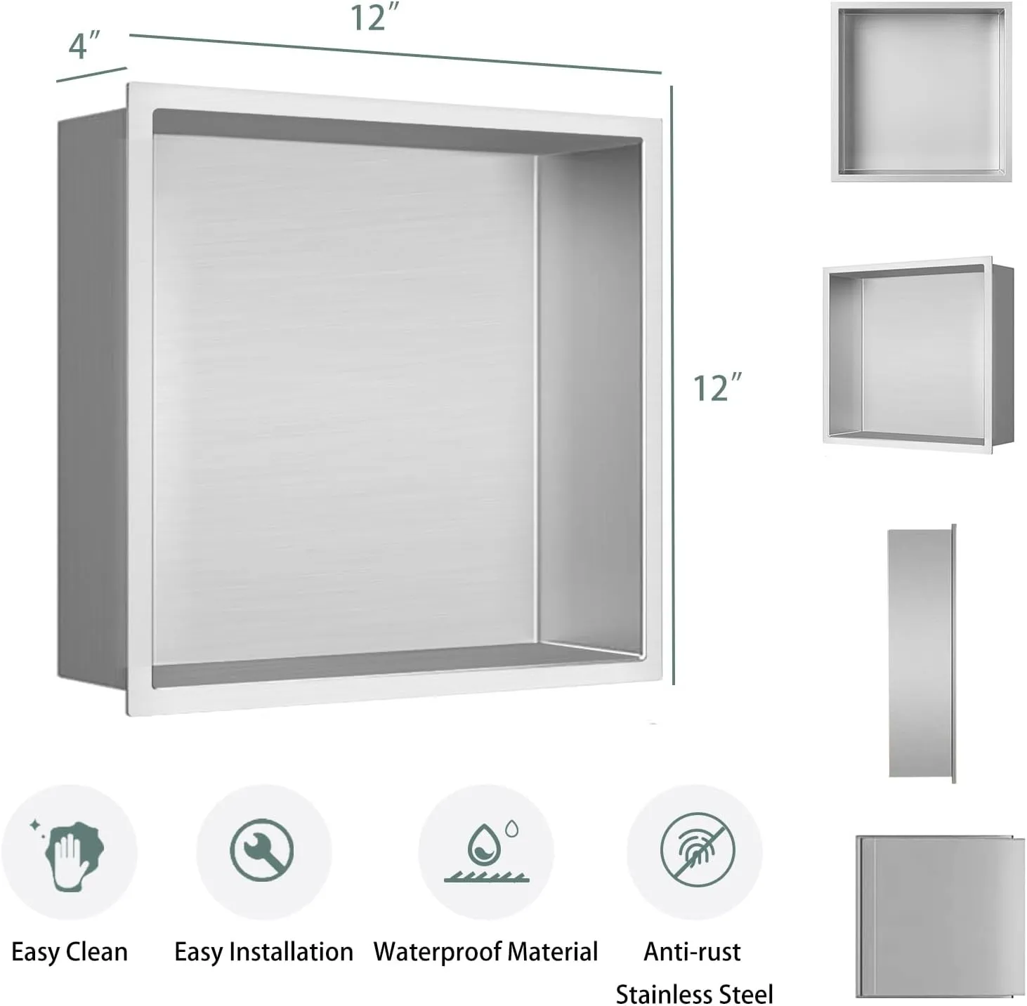 Shower Niche, Stainless Steel Modern Bathroom Niche, No Tile Needed Recessed Shower Shelf Organizer for Storage, Stainless Steel, Silver Grey, 12"×12"