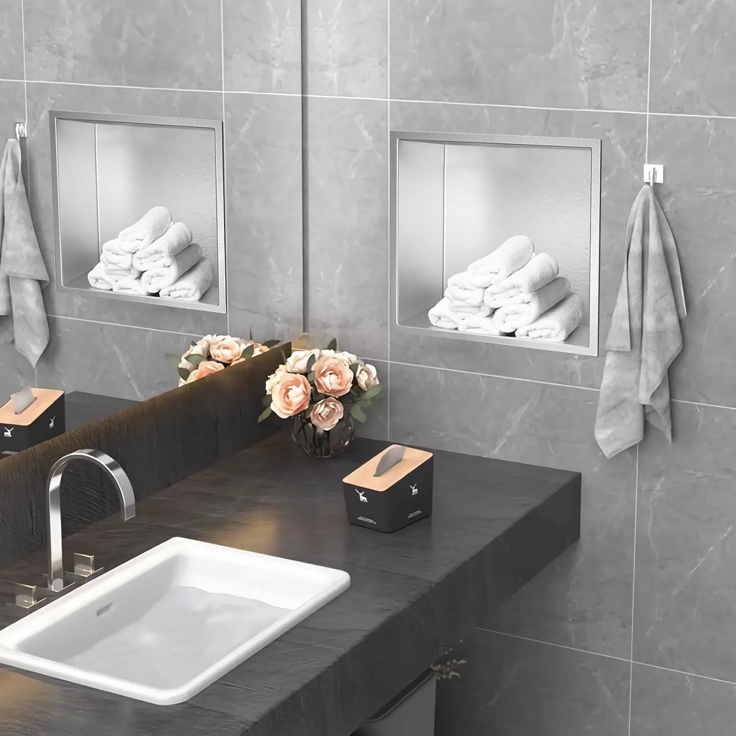 Shower Niche, Stainless Steel Modern Bathroom Niche, No Tile Needed Recessed Shower Shelf Organizer for Storage, Stainless Steel, Silver Grey, 12"×12"