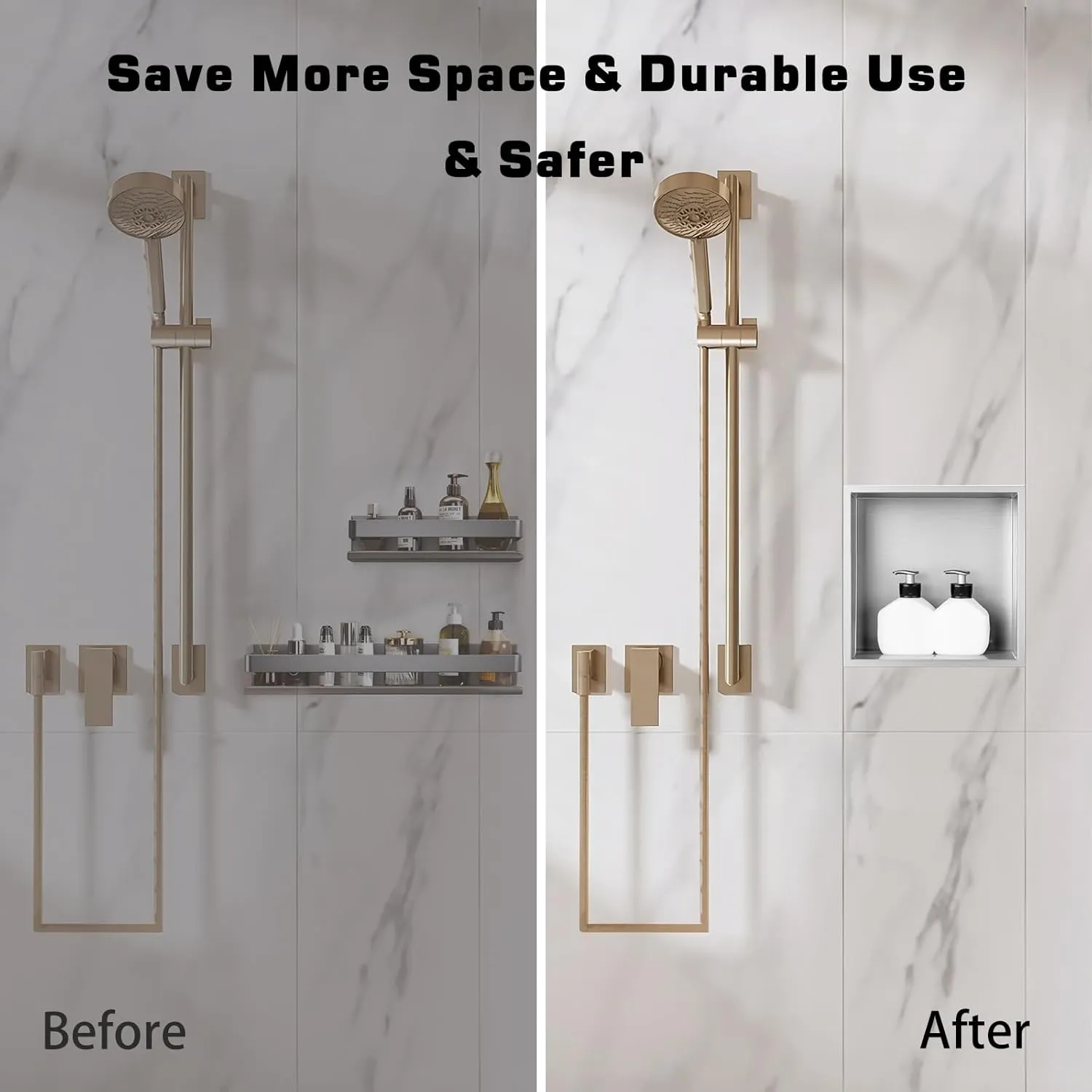 Shower Niche, Stainless Steel Modern Bathroom Niche, No Tile Needed Recessed Shower Shelf Organizer for Storage, Stainless Steel, Silver Grey, 12"×12"
