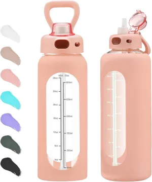 SIEROZUR 32 Glass Water Bottle with Straw and Handle Motivational Water Bottles with Silicone Sleeve and Time Marker Leakproof Borosilicate Water Bottle for Gym Home Office