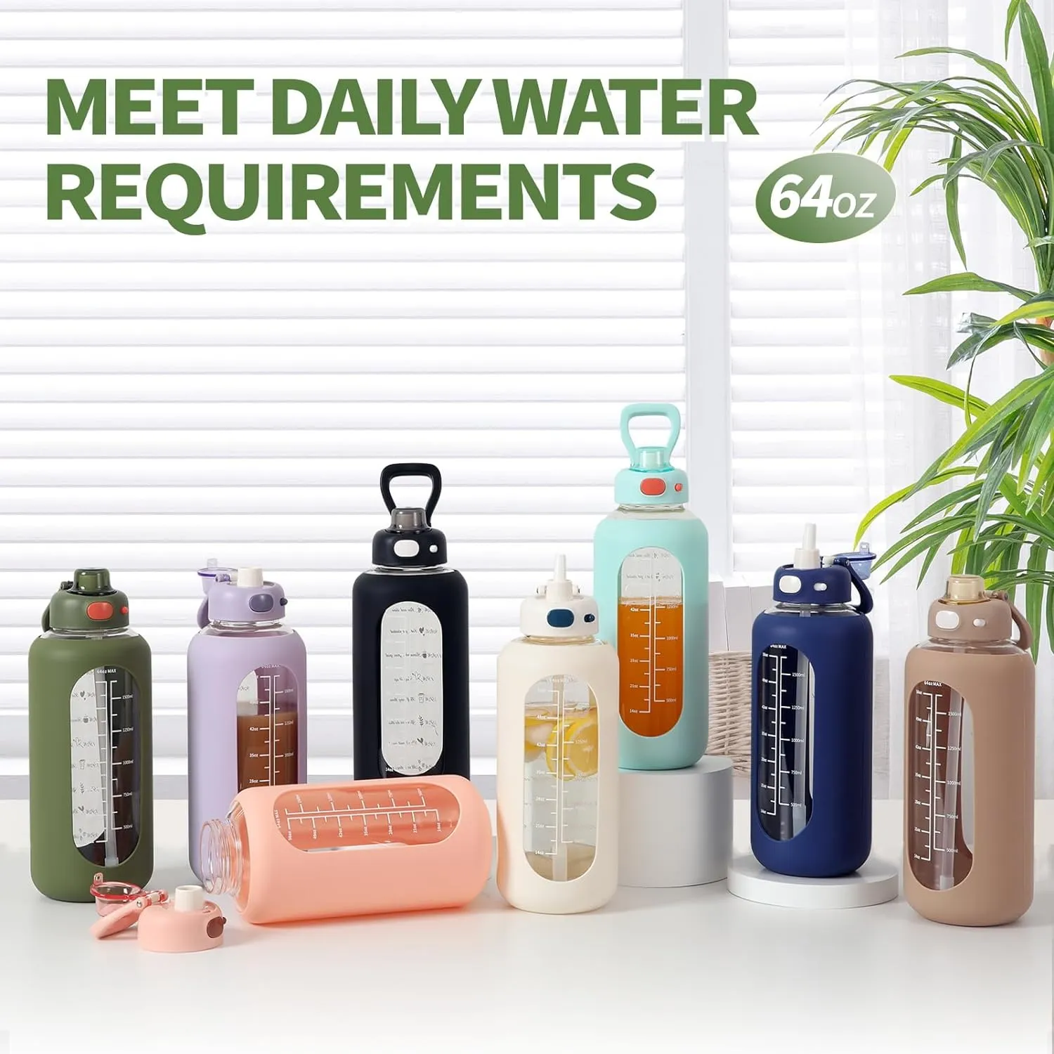 SIEROZUR 42 oz Glass Water Bottle with Straw and Handle, Large Sports Motivational Water Bottle Flask with Time Marker Leakproof Water Jug with Silicone Sleeve for Gym