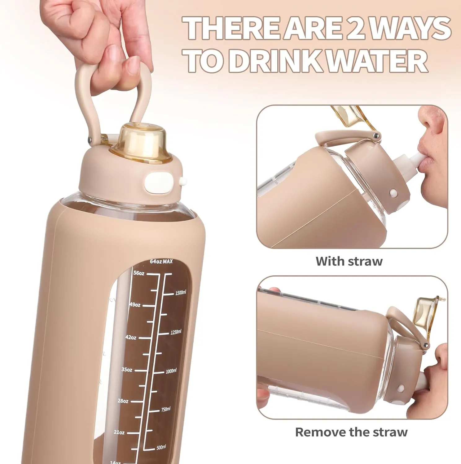 SIEROZUR 42 oz Glass Water Bottle with Straw and Handle, Large Sports Motivational Water Bottle Flask with Time Marker Leakproof Water Jug with Silicone Sleeve for Gym