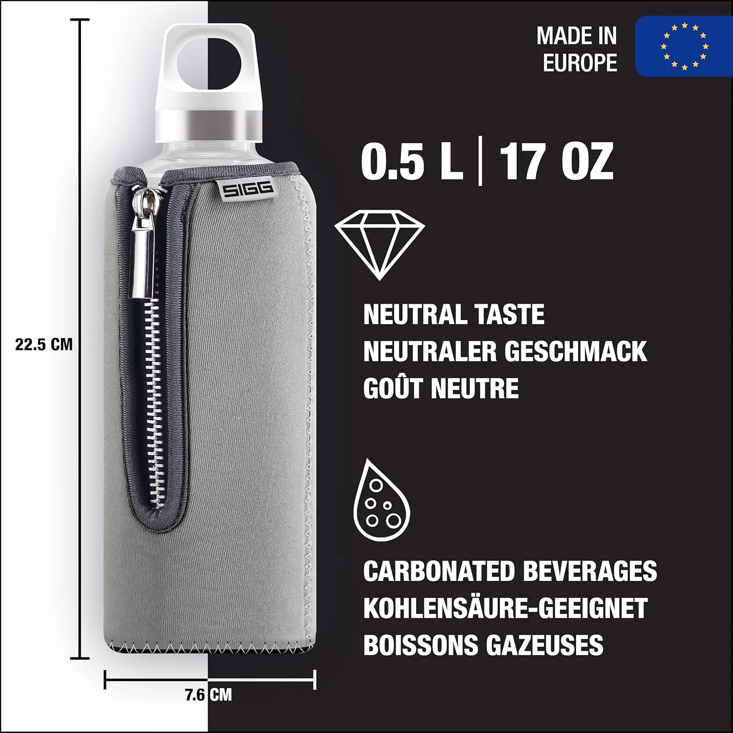SIGG - Glass Water Bottle - Stella Grey - With Neoprene Pouch - Leakproof - Dishwasher Safe - BPA Free - Recycled Glass - 17 Oz