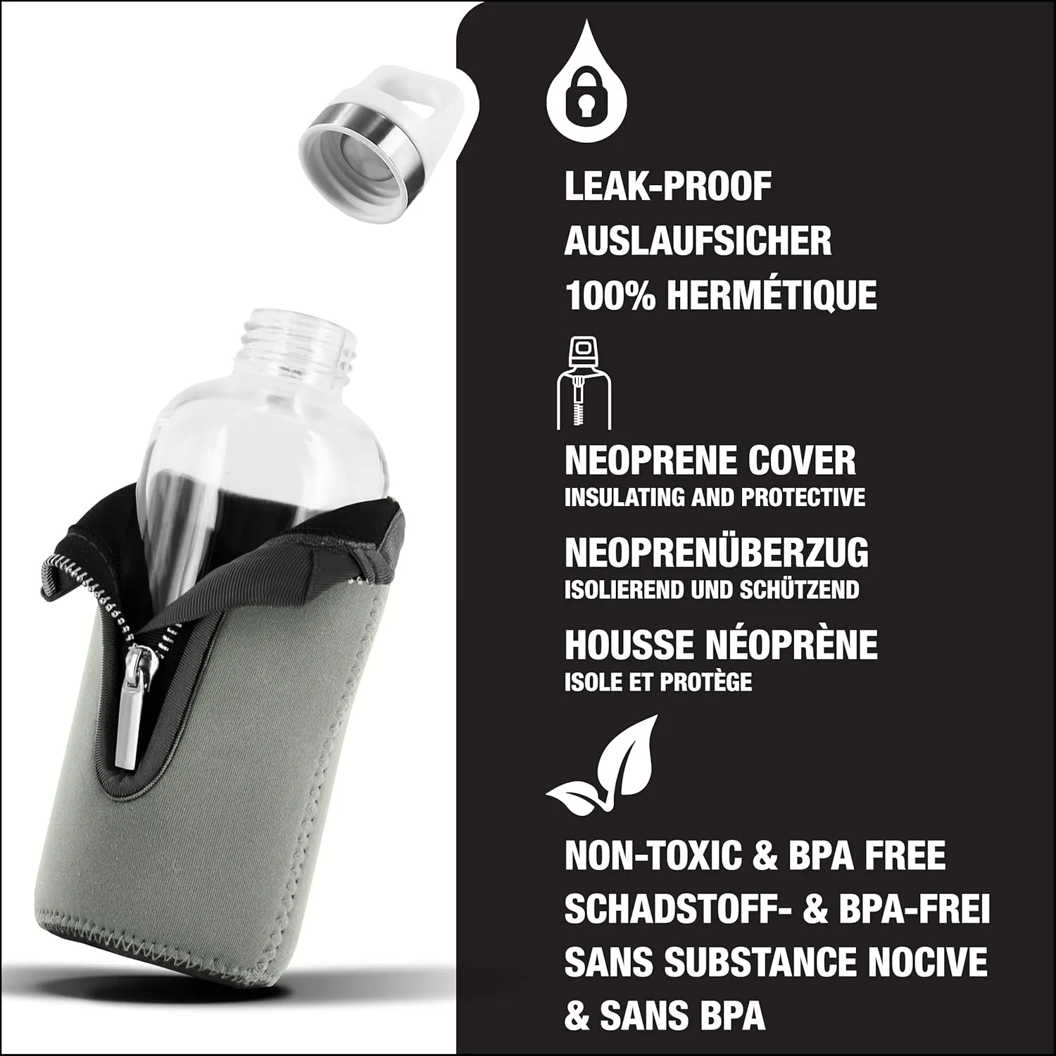 SIGG - Glass Water Bottle - Stella Grey - With Neoprene Pouch - Leakproof - Dishwasher Safe - BPA Free - Recycled Glass - 17 Oz