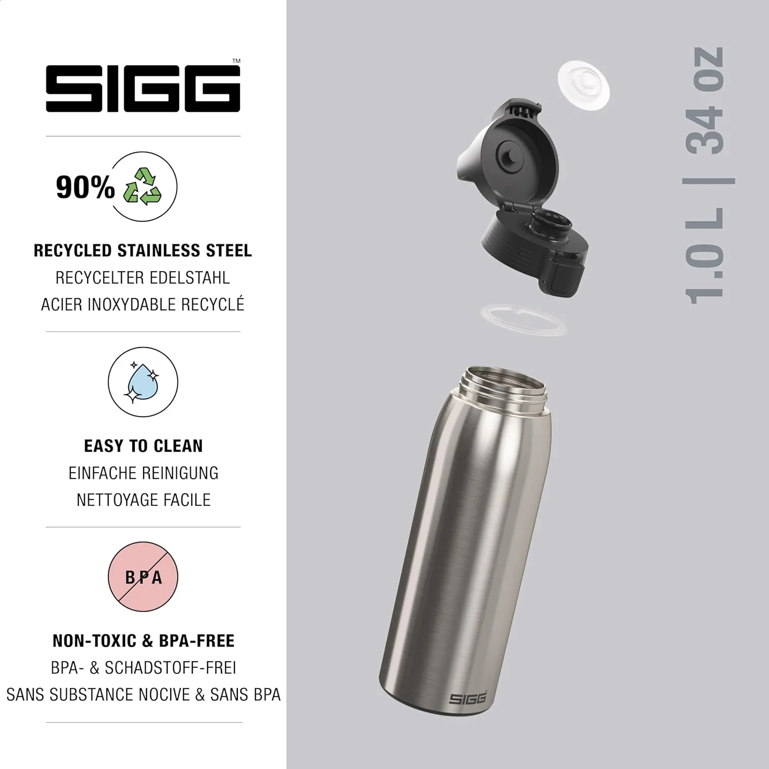 SIGG - Reusable Water Bottle - Shield ONE - Leakproof - Recyclable - BPA Free - Brushed - 34 Oz