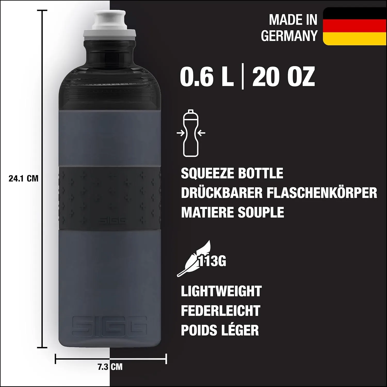 SIGG - Sports Water Bottle - Hero Anthracite - Squeezable - Leakproof - Lightweight - Dishwasher Safe - BPA Free - 20 Oz, Grey