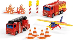 siku 6330, Fire brigade gift set, Truck with aerial rescue platform, Fire engine, Aeroplane, Movable parts, Incl. Pylons, Beacons and Flames