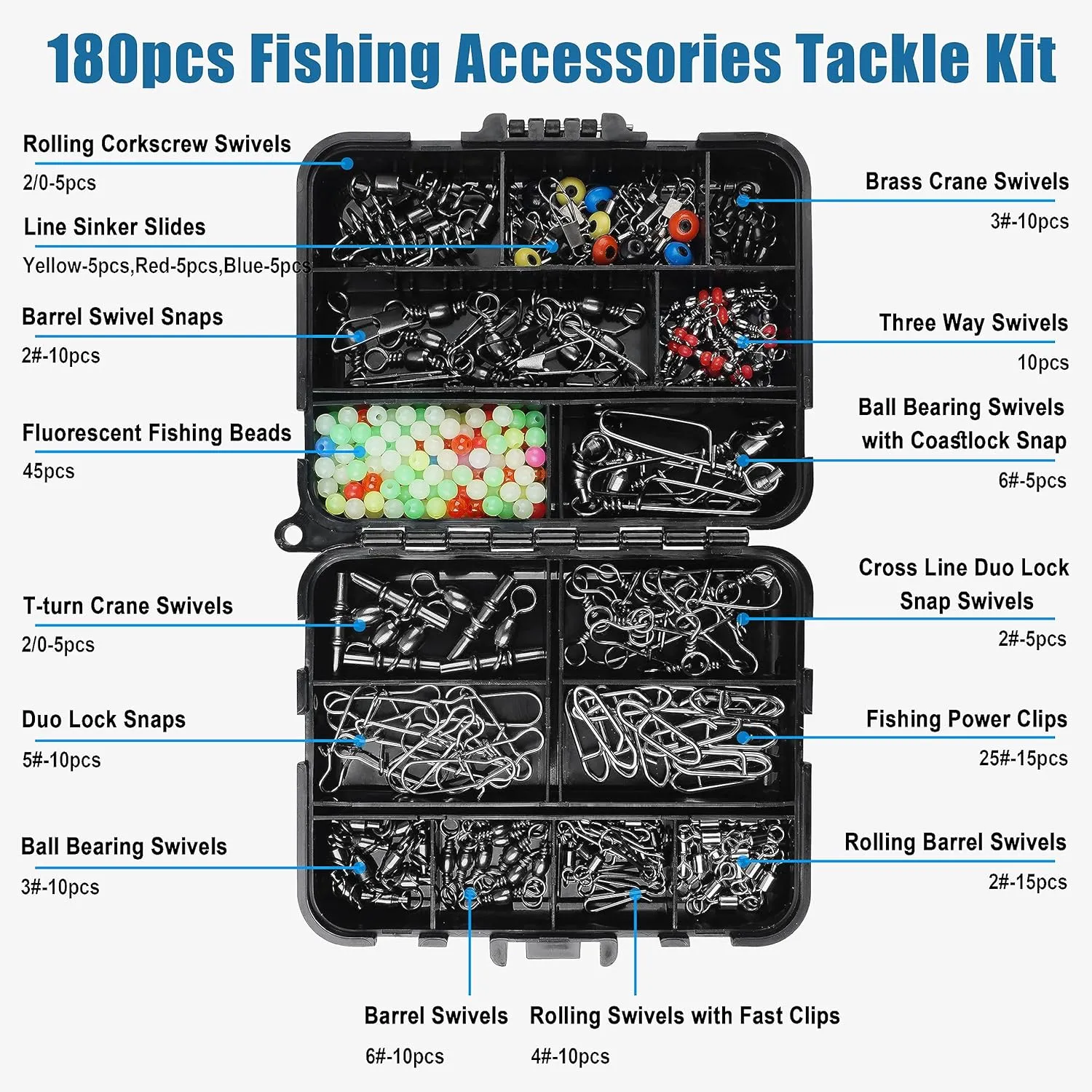 SILANON Fishing Swivels Tackle Kit, 174pcs Include Barrel Swivels,Sinker Slides,3 Way Swivels,Duo Lock Snaps,Barrel Snap Swivels Fishing Tackle Box Set for Bass Trout Saltwater Freshwater