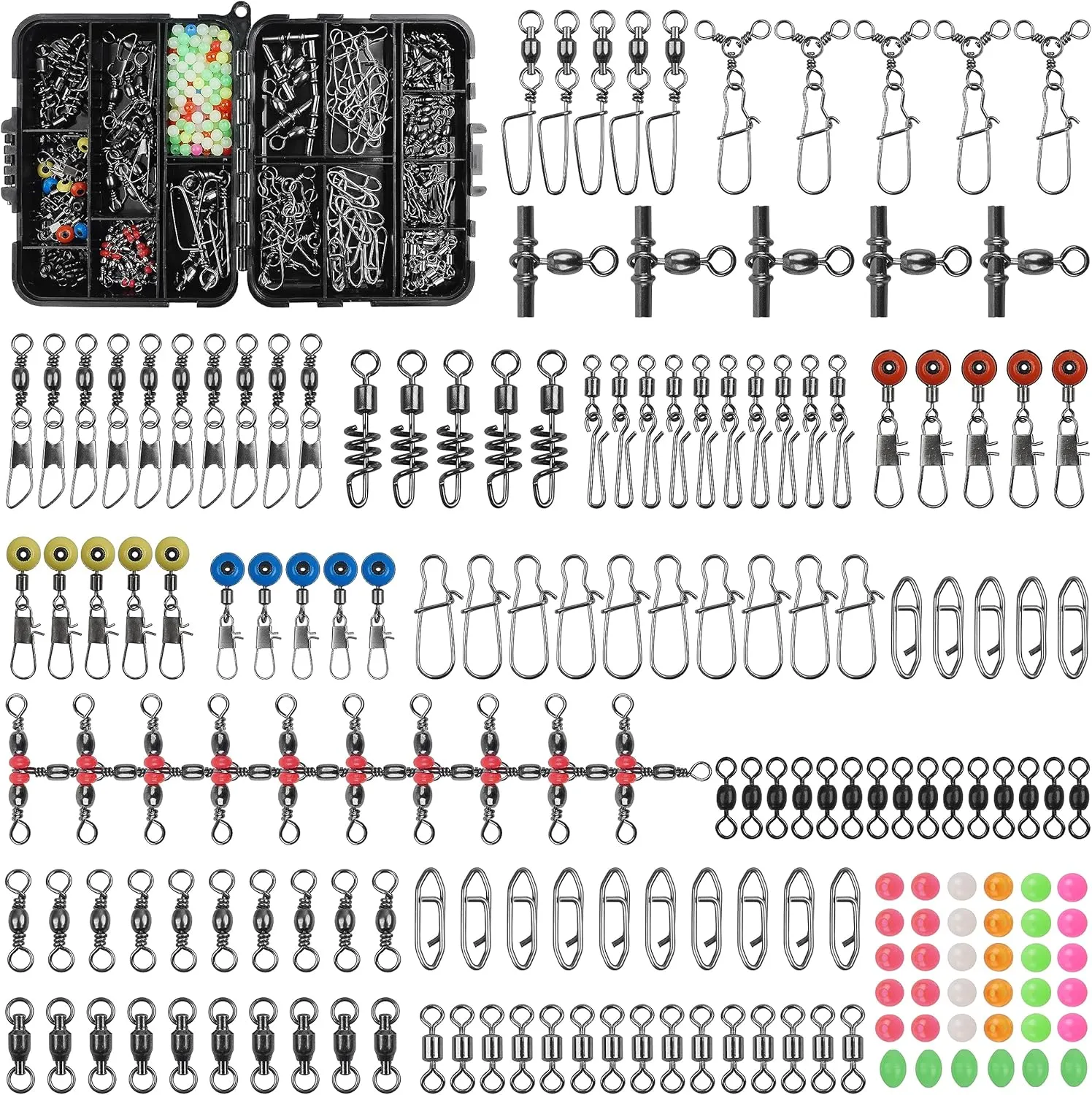 SILANON Fishing Swivels Tackle Kit, 174pcs Include Barrel Swivels,Sinker Slides,3 Way Swivels,Duo Lock Snaps,Barrel Snap Swivels Fishing Tackle Box Set for Bass Trout Saltwater Freshwater