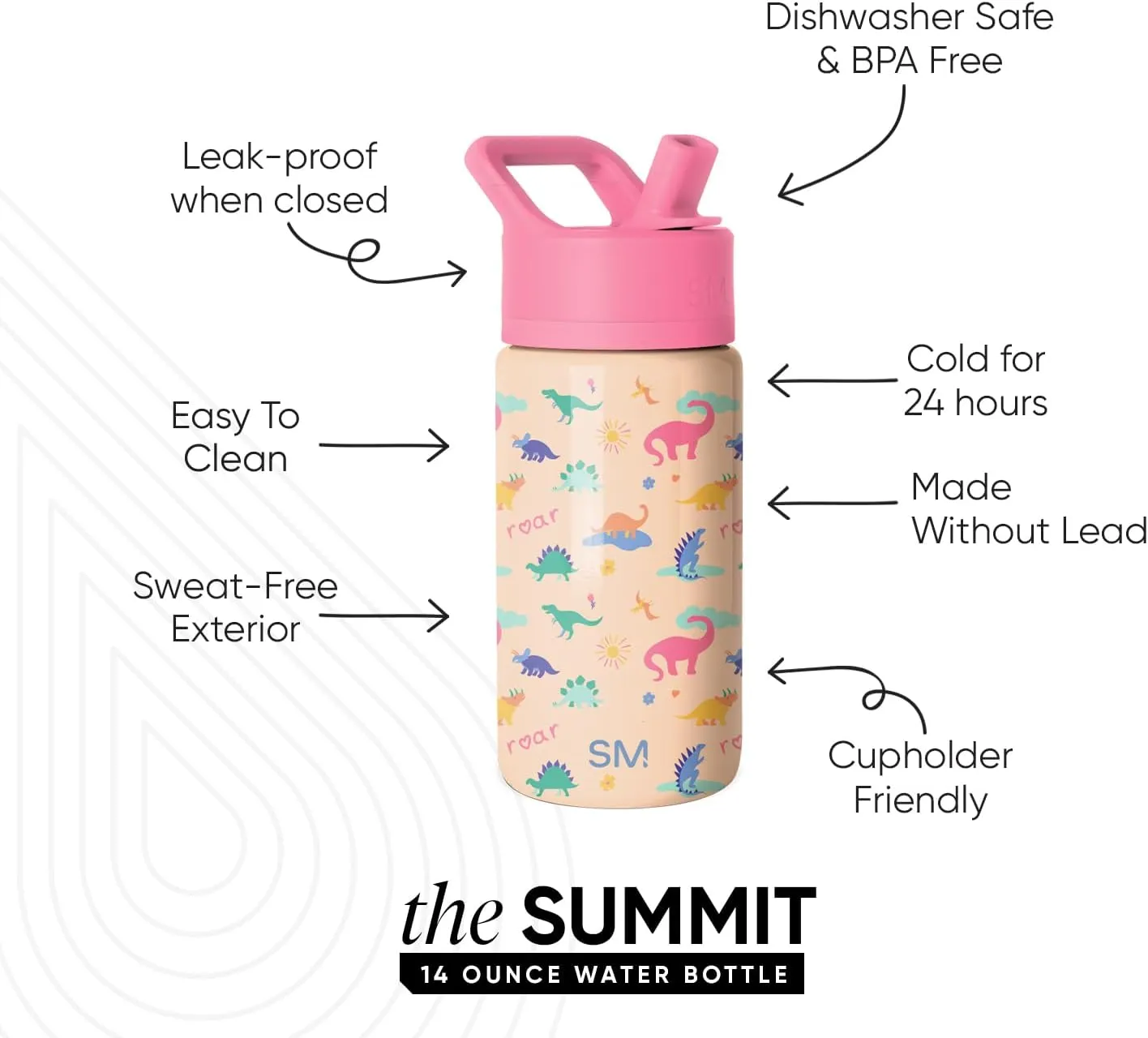 Simple Modern Kids Summit Water Bottle with Straw Lid | 14oz Stainless Steel Cup Insulated Tumbler for Toddlers, School | Dinosaura