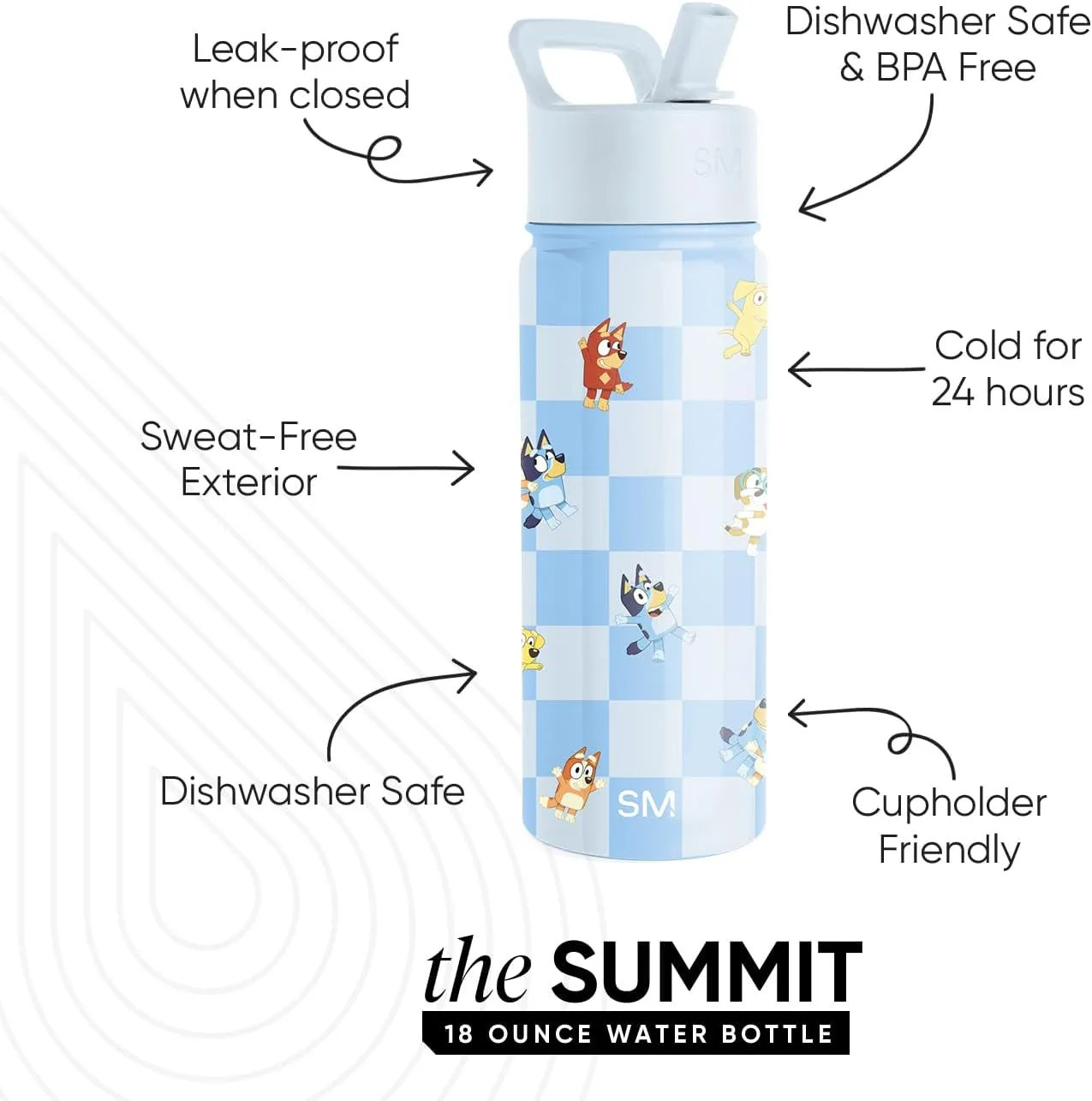 Simple Modern Kids Summit Water Bottle with Straw Lid | Bluey 18oz Stainless Steel Cup Insulated Tumbler for Girls, Boys, School | Bluey Checkmate