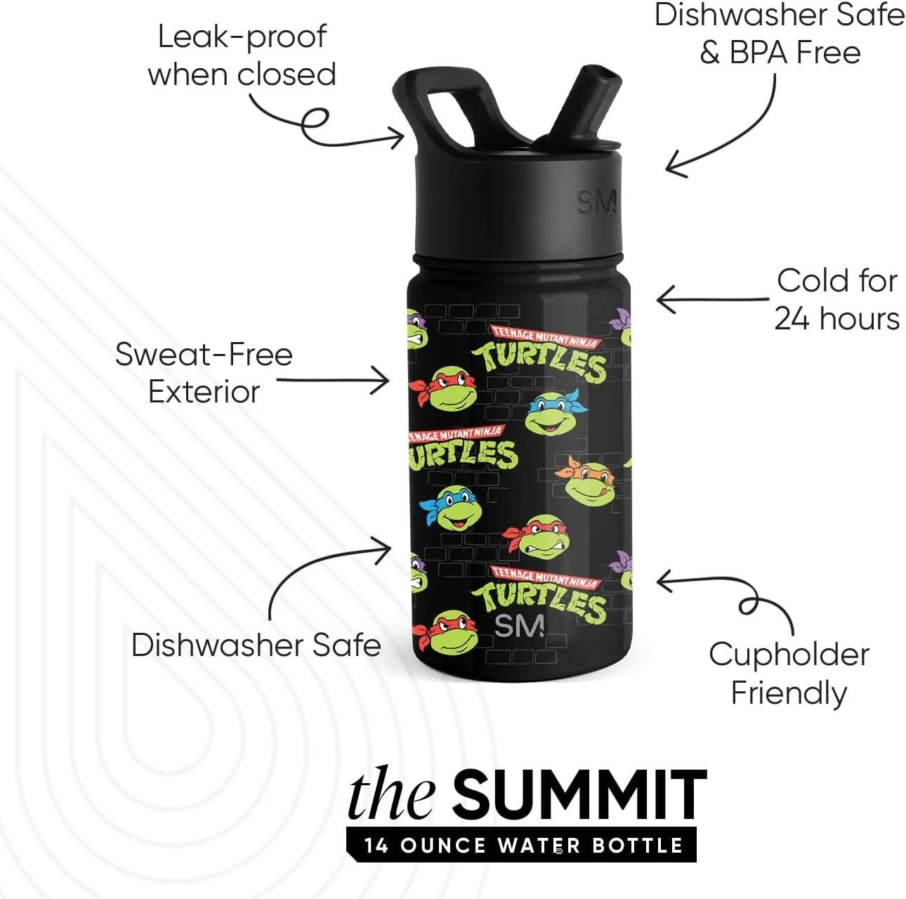 Simple Modern Kids Summit Water Bottle with Straw lid | Teenage Mutant Ninja 14oz Turtles Stainless Steel Cup Insulated Tumbler for Toddlers, Boys, School | TMNT Turtles Unite